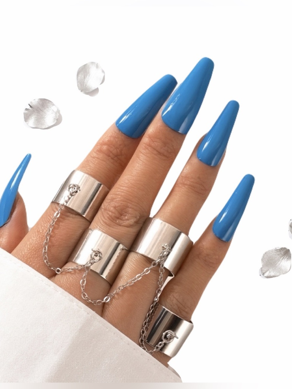 New Silver Stainless Steel Boheme Minimalist 4pcs Cuff Ring With Chain